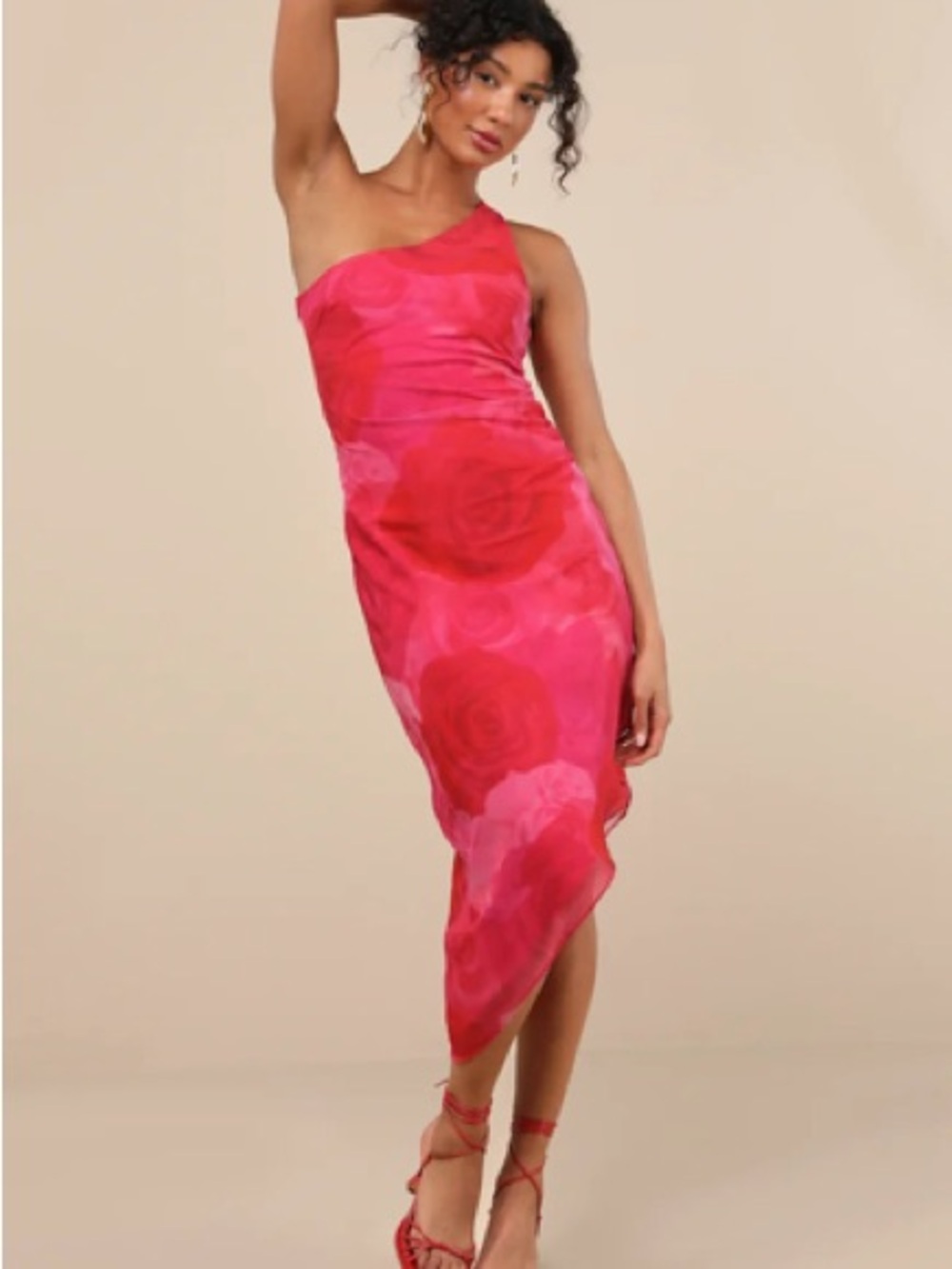 NWT Lulus Sz M Pretty Serene Pink Floral One-Shoulder Asymmetrical Midi Dress